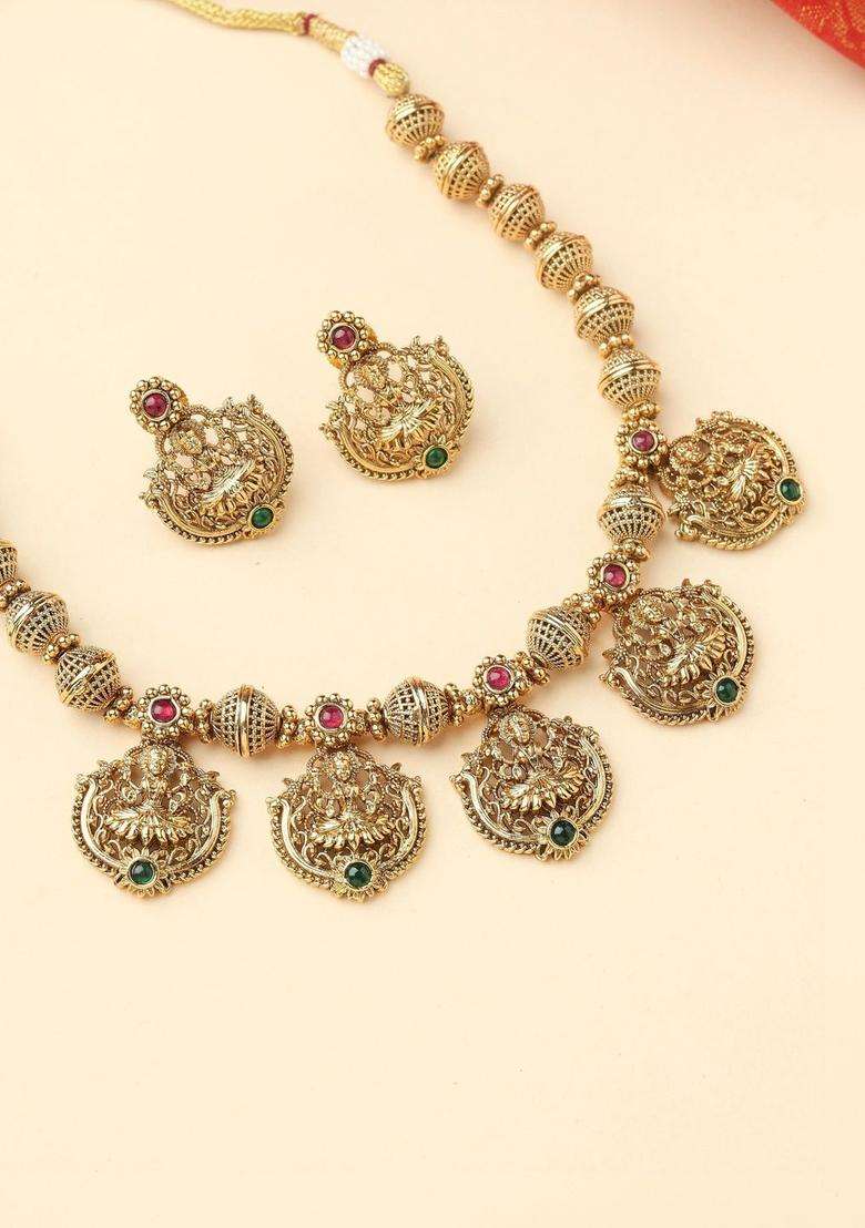 Gold-Plated Temple Pearl Necklace and Earrings for Women | Traditional Temple Jewellery for Wedding & Festive Wear | Gift for Her - Indya