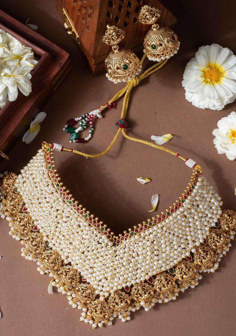 Gold-Plated Temple Pearl Necklace and Earrings for Women | Traditional Temple Jewellery for Wedding & Festive Wear | Gift for Her - Indya