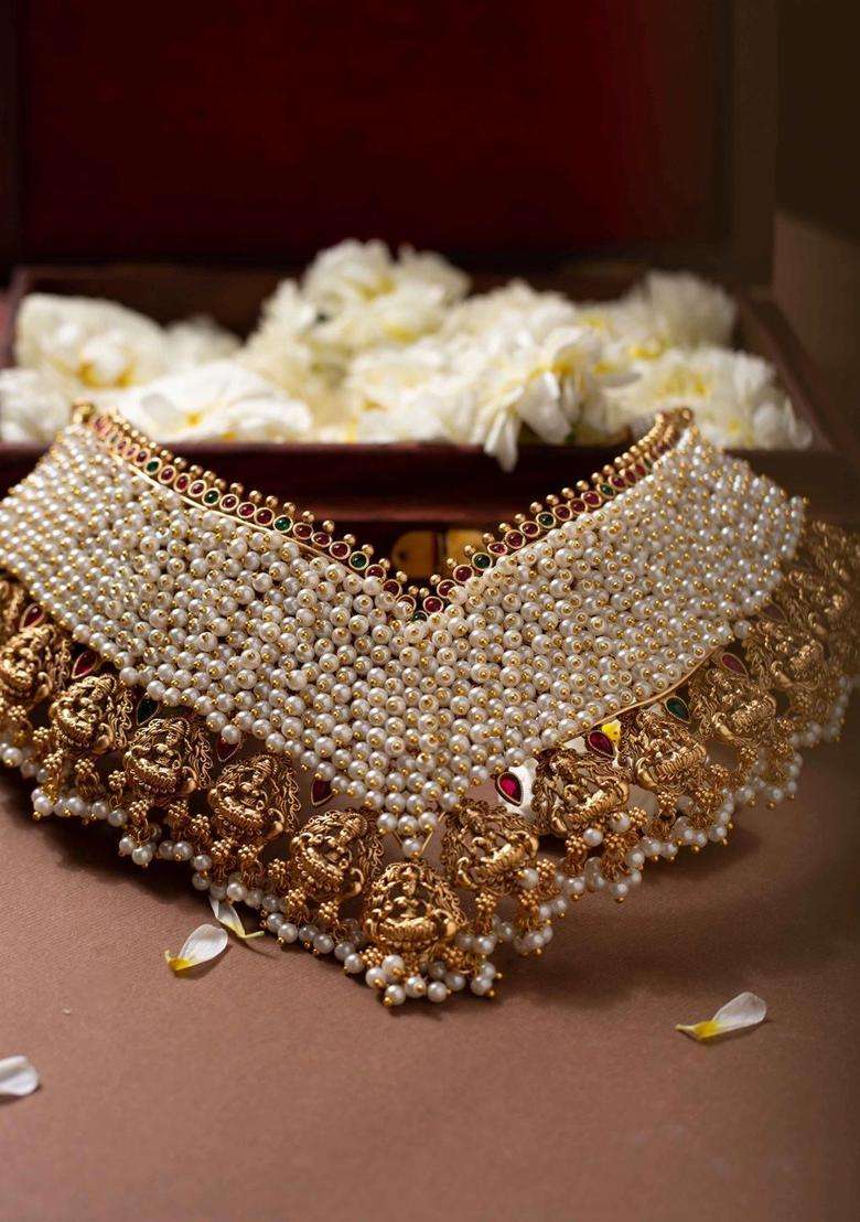 Gold-Plated Temple Pearl Necklace and Earrings for Women | Traditional Temple Jewellery for Wedding & Festive Wear | Gift for Her - Indya