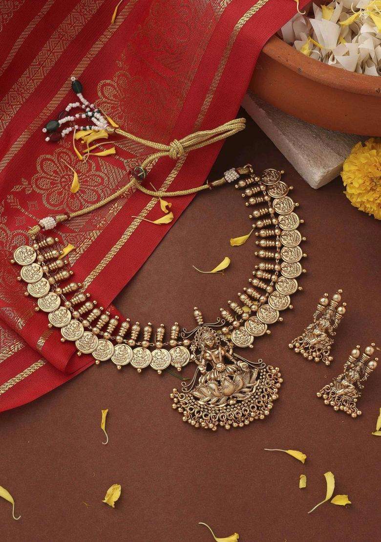 Gold-Plated Temple Pearl Necklace and Earrings for Women | Traditional Temple Jewellery for Wedding & Festive Wear | Gift for Her - Indya