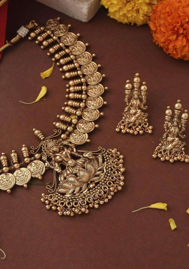 Gold-Plated Temple Pearl Necklace and Earrings for Women | Traditional Temple Jewellery for Wedding & Festive Wear | Gift for Her - Indya