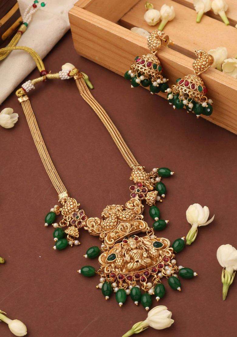 Gold-Plated Temple Pearl Necklace and Earrings for Women | Traditional Temple Jewellery for Wedding & Festive Wear | Gift for Her - Indya