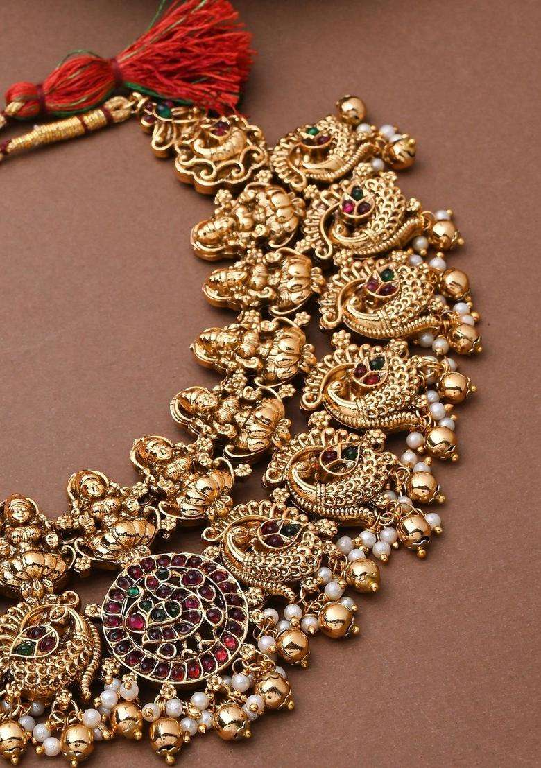 Gold-Plated Temple Pearl Necklace and Earrings for Women | Traditional Temple Jewellery for Wedding & Festive Wear | Gift for Her - Indya