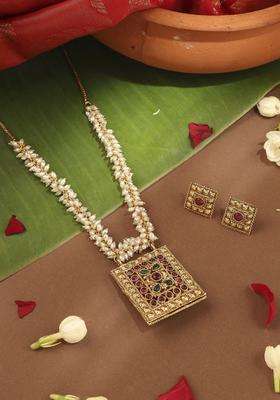 Gold-Plated Temple Pearl Necklace and Earrings for Women | Traditional Temple Jewellery for Wedding & Festive Wear | Gift for Her