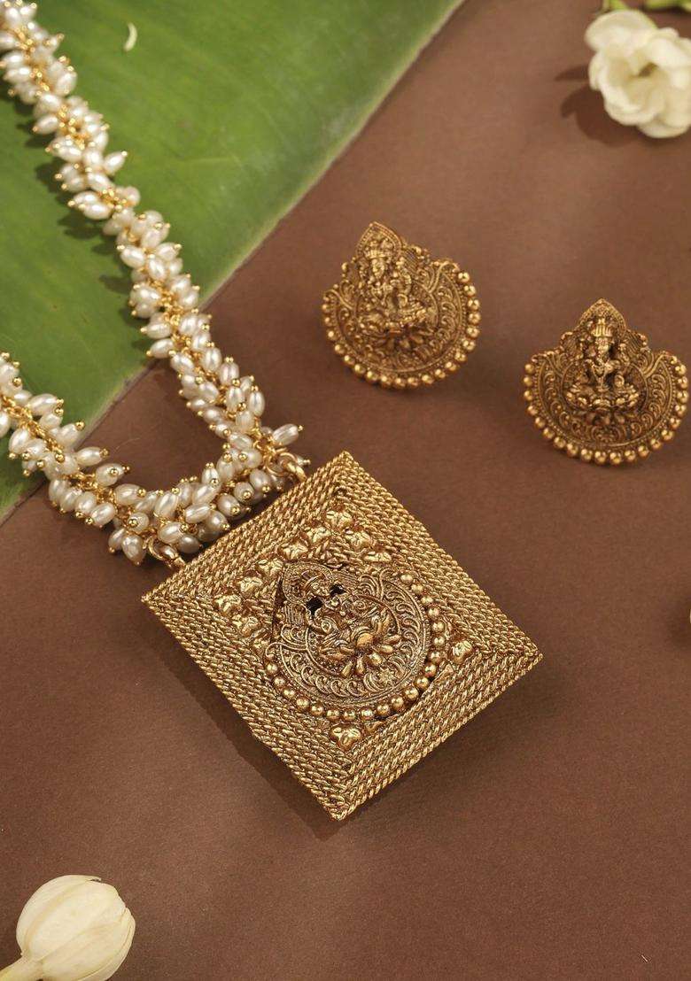 Gold-Plated Temple Pearl Necklace and Earrings for Women | Traditional Temple Jewellery for Wedding & Festive Wear | Gift for Her - Indya