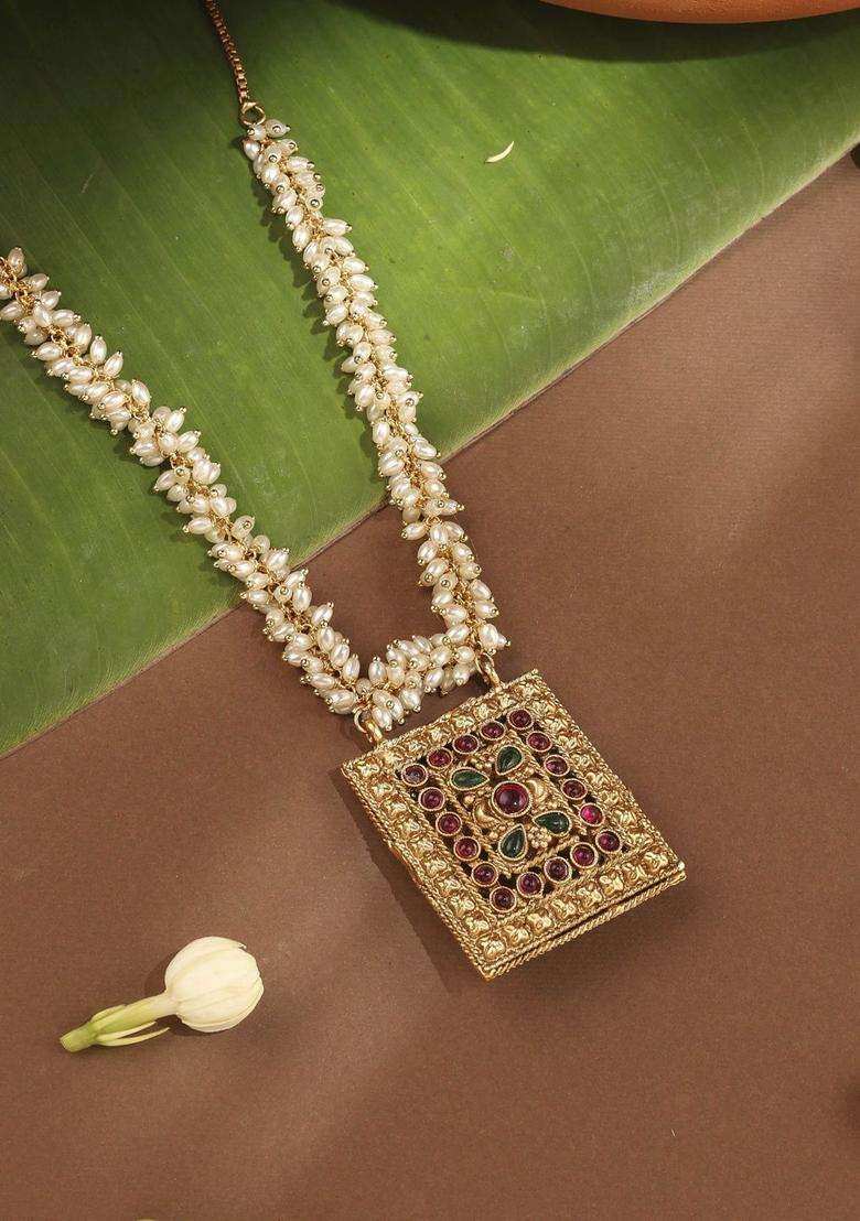 Gold-Plated Temple Pearl Necklace and Earrings for Women | Traditional Temple Jewellery for Wedding & Festive Wear | Gift for Her - Indya