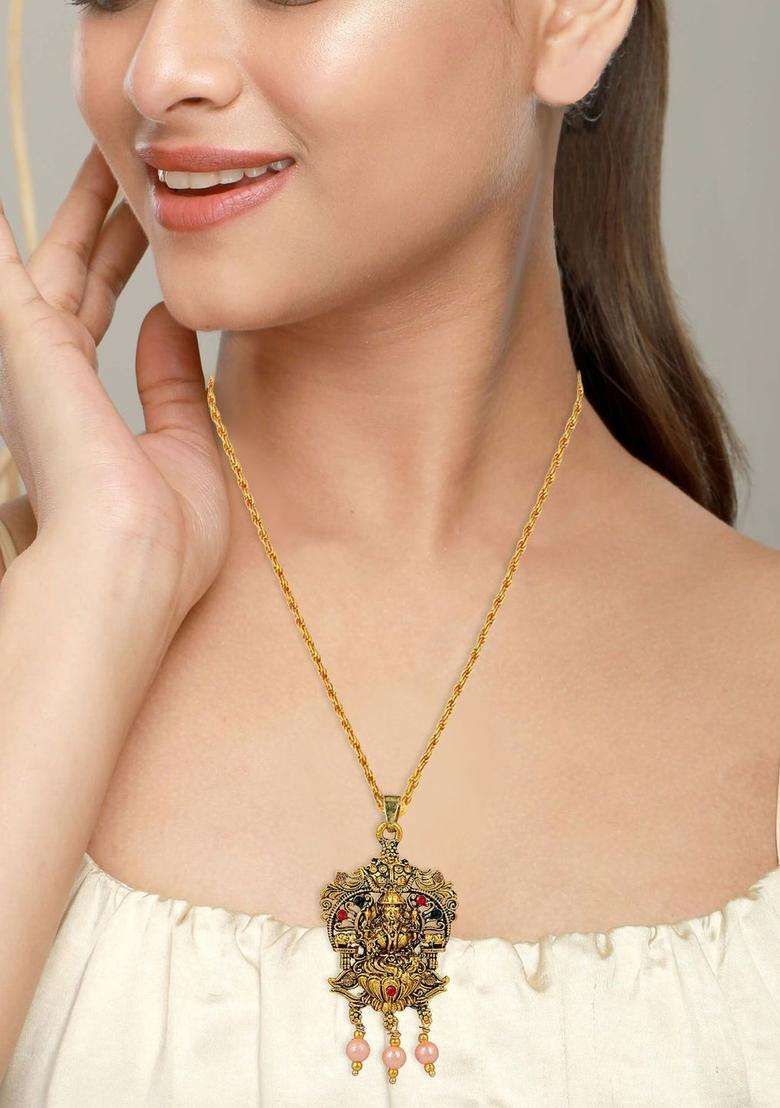 Gold-Plated Floral Pendants with Chains for Men & Women | Traditional Temple Jewellery for Wedding & Festive Wear | Festive Gift - Indya