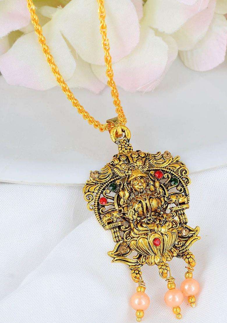 Gold-Plated Floral Pendants with Chains for Men & Women | Traditional Temple Jewellery for Wedding & Festive Wear | Festive Gift - Indya