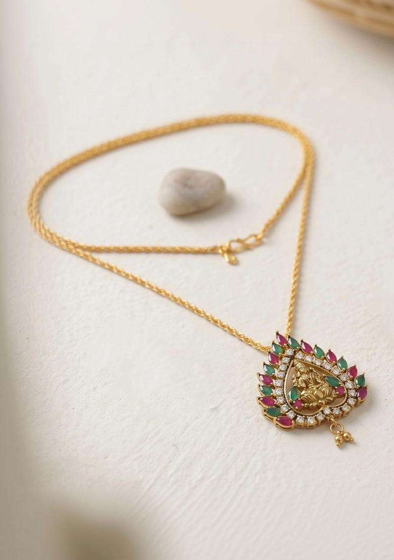 Gold-Plated Teardrop Shaped Pendants with Chains for Men & Women | Traditional Temple Jewellery for Wedding & Festive Wear | Festive Gift - Indya