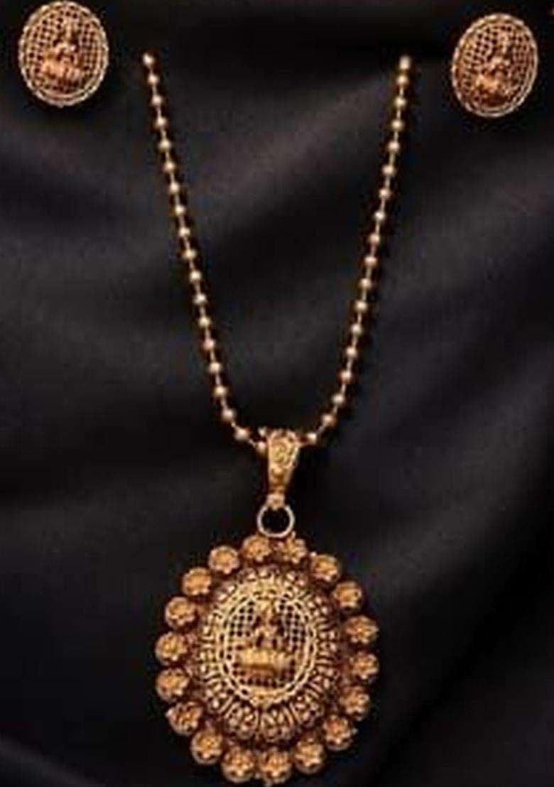 Gold-Plated Traditional Goddess Temple Pendant and Earrings for Women | Traditional Temple Jewellery for Wedding & Festive Wear | Gift for Her - Indya