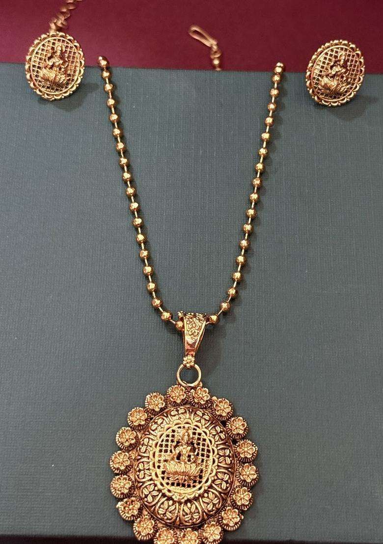 Gold-Plated Traditional Goddess Temple Pendant and Earrings for Women | Traditional Temple Jewellery for Wedding & Festive Wear | Gift for Her - Indya