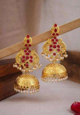 Gold-Plated Red Stone Studded Circular Jhumkas Earrings for Women | Traditional Temple Jewellery for Wedding & Festive Wear | Gift for Her