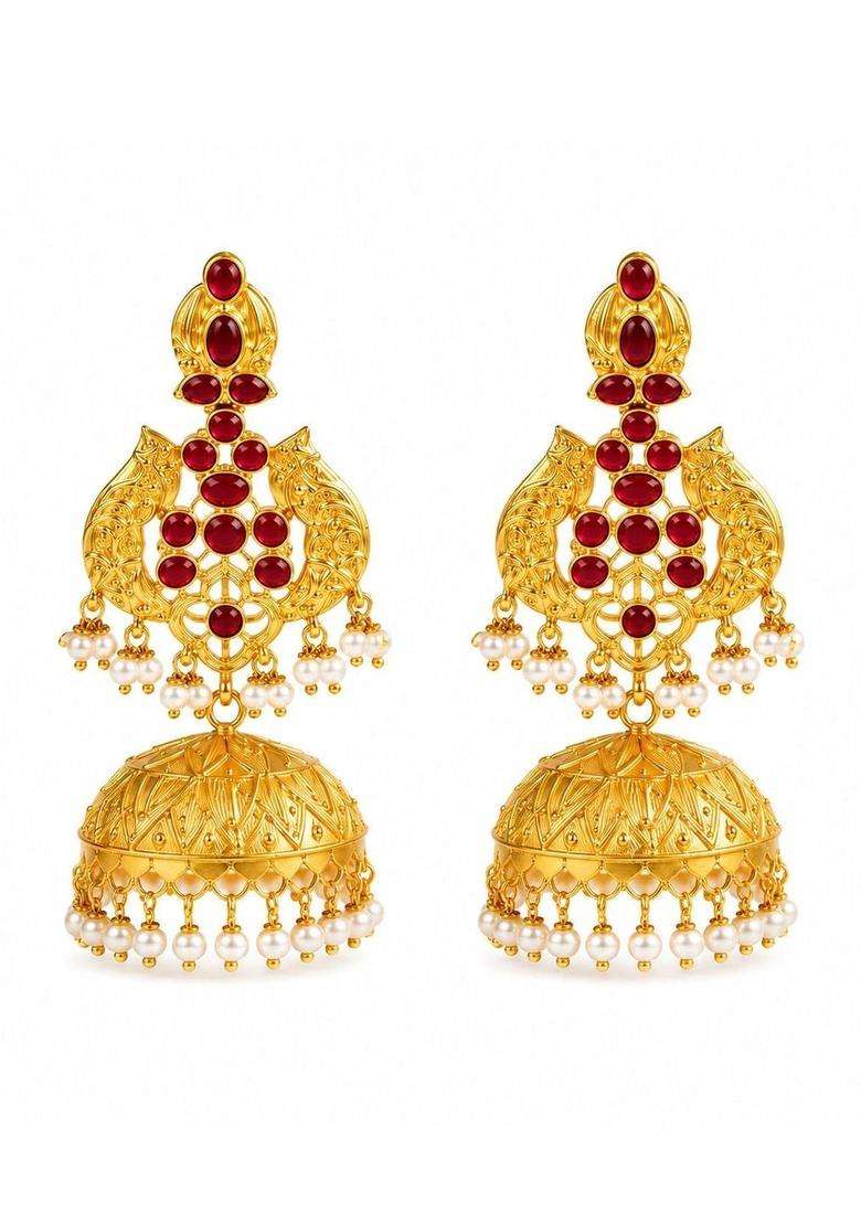 Gold-Plated Red Stone Studded Circular Jhumkas Earrings for Women | Traditional Temple Jewellery for Wedding & Festive Wear | Gift for Her - Indya