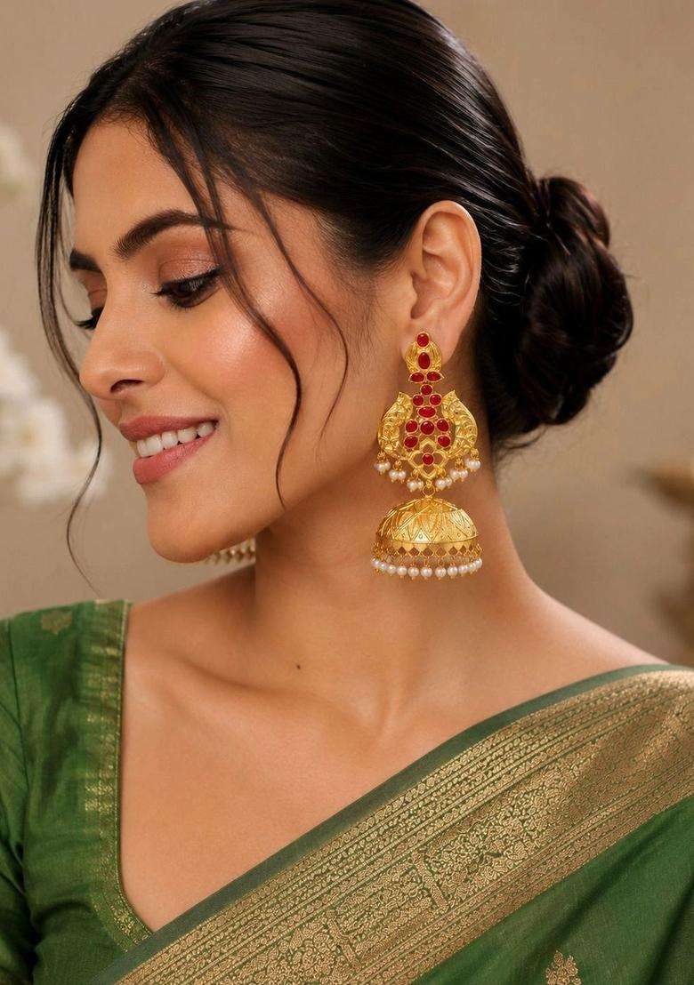 Gold-Plated Red Stone Studded Circular Jhumkas Earrings for Women | Traditional Temple Jewellery for Wedding & Festive Wear | Gift for Her - Indya