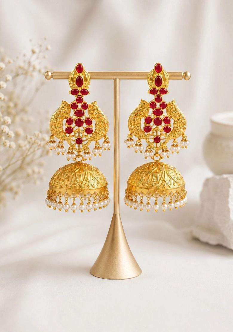 Gold-Plated Red Stone Studded Circular Jhumkas Earrings for Women | Traditional Temple Jewellery for Wedding & Festive Wear | Gift for Her - Indya