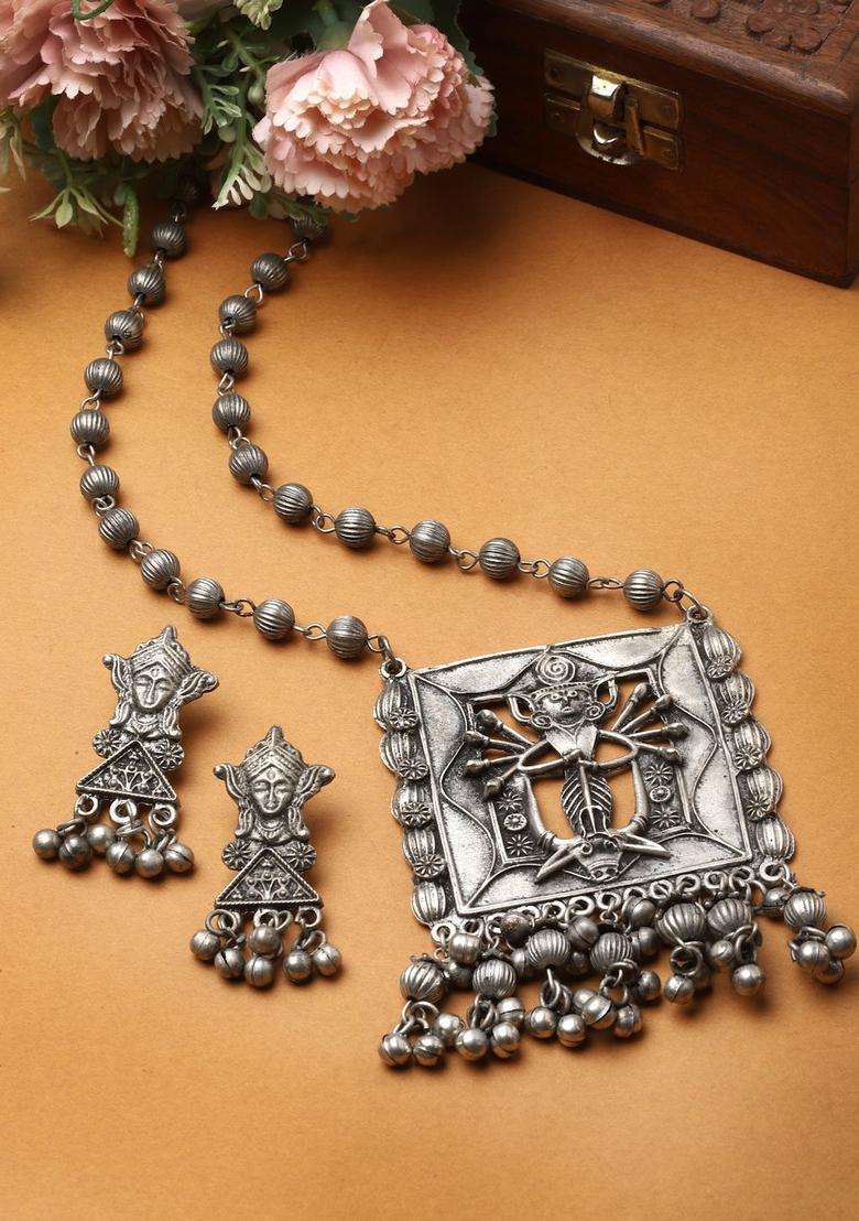 Silver-Plated Oxidised Beaded & Ghungroo Studded Temple Jewellery Set for Women | Traditional Temple Jewellery for Wedding & Festive Wear | Gift for Her - Indya