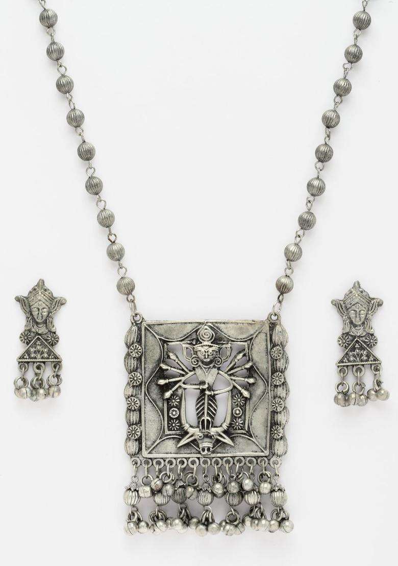 Silver-Plated Oxidised Beaded & Ghungroo Studded Temple Jewellery Set for Women | Traditional Temple Jewellery for Wedding & Festive Wear | Gift for Her - Indya