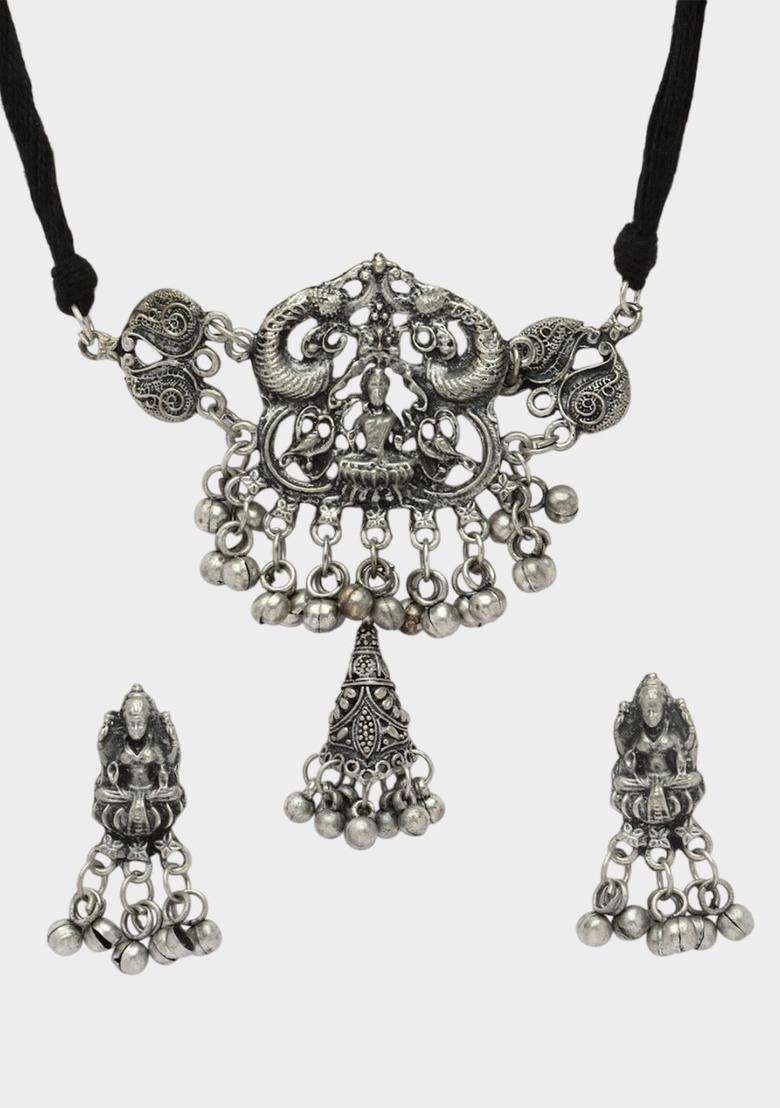 Silver-Plated Ghungroo-Studded Oxidised Jewellery Set for Women | Traditional Temple Jewellery for Wedding & Festive Wear | Gift for Her - Indya