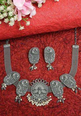 Oxidized Silver-Plated White Pearl- Beaded Peacock Design Handcrafted Jewellery Set for Women | Traditional Temple Jewellery for Wedding & Festive Wear | Gift for Her