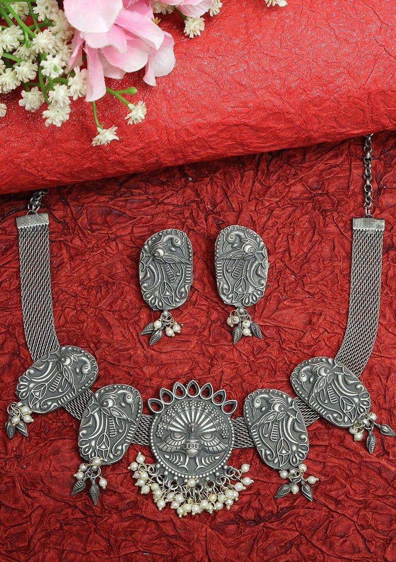 Oxidized Silver-Plated White Pearl- Beaded Peacock Design Handcrafted Jewellery Set for Women | Traditional Temple Jewellery for Wedding & Festive Wear | Gift for Her - Indya