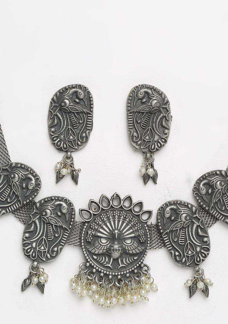 Oxidized Silver-Plated White Pearl- Beaded Peacock Design Handcrafted Jewellery Set for Women | Traditional Temple Jewellery for Wedding & Festive Wear | Gift for Her - Indya