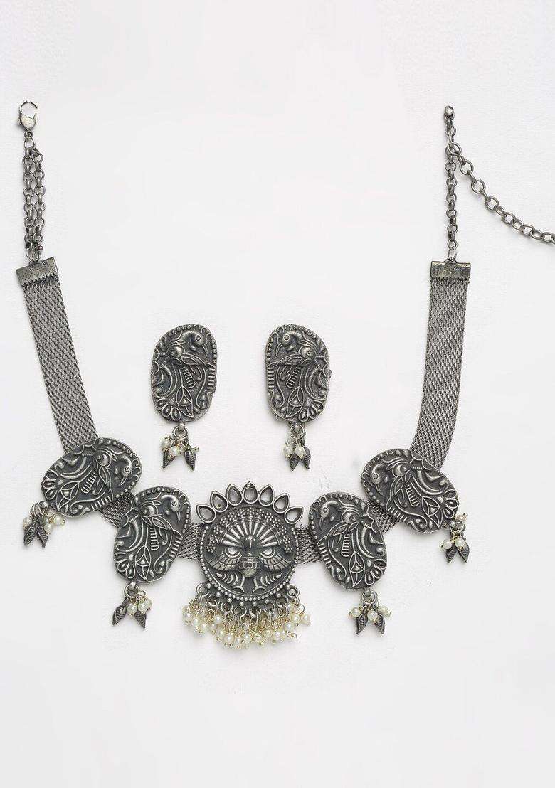 Oxidized Silver-Plated White Pearl- Beaded Peacock Design Handcrafted Jewellery Set for Women | Traditional Temple Jewellery for Wedding & Festive Wear | Gift for Her - Indya