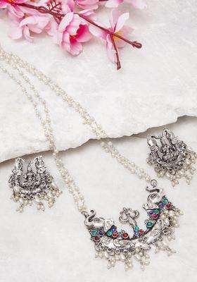 Silver-Plated Handcrafted Antique Temple Design Tasselled Necklace Set with Crystal for Women | Traditional Temple Jewellery for Wedding & Festive Wear | Gift for Her