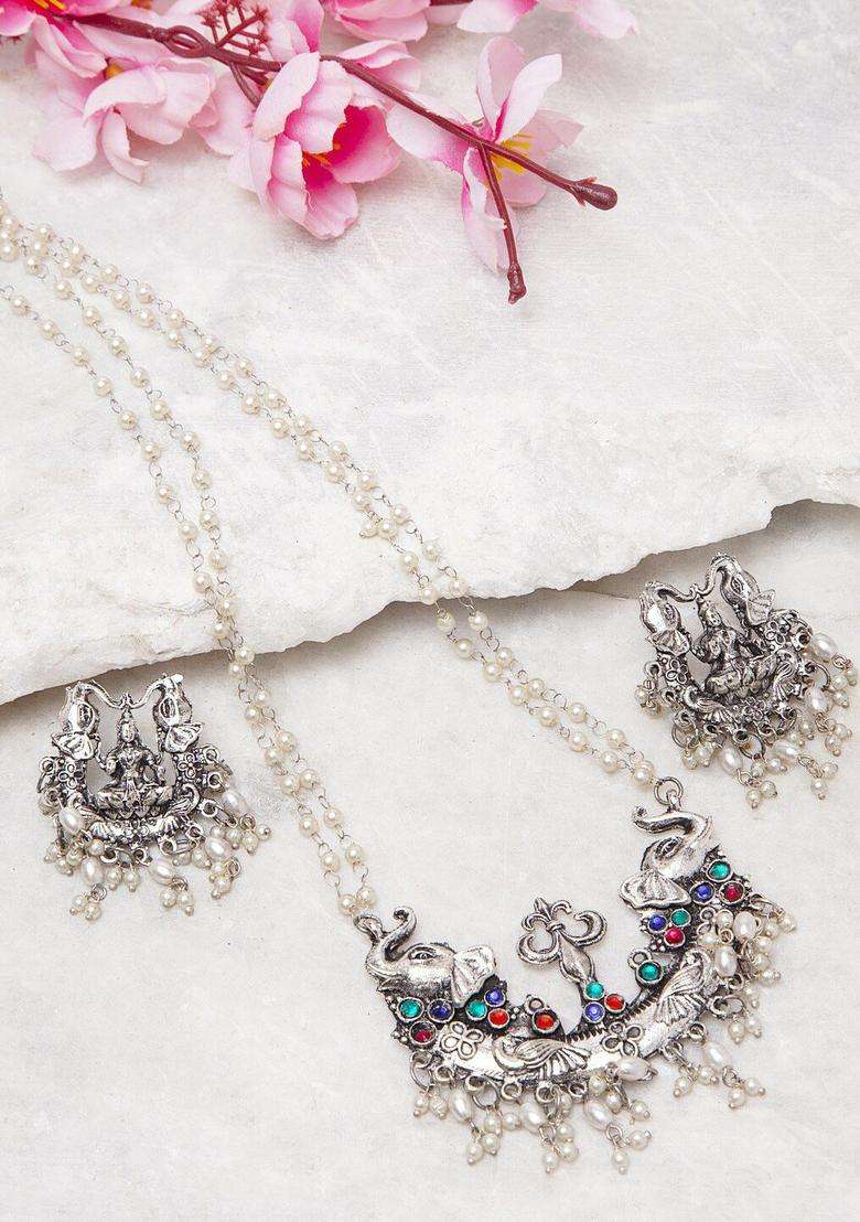 Silver-Plated Handcrafted Antique Temple Design Tasselled Necklace Set with Crystal for Women | Traditional Temple Jewellery for Wedding & Festive Wear | Gift for Her - Indya