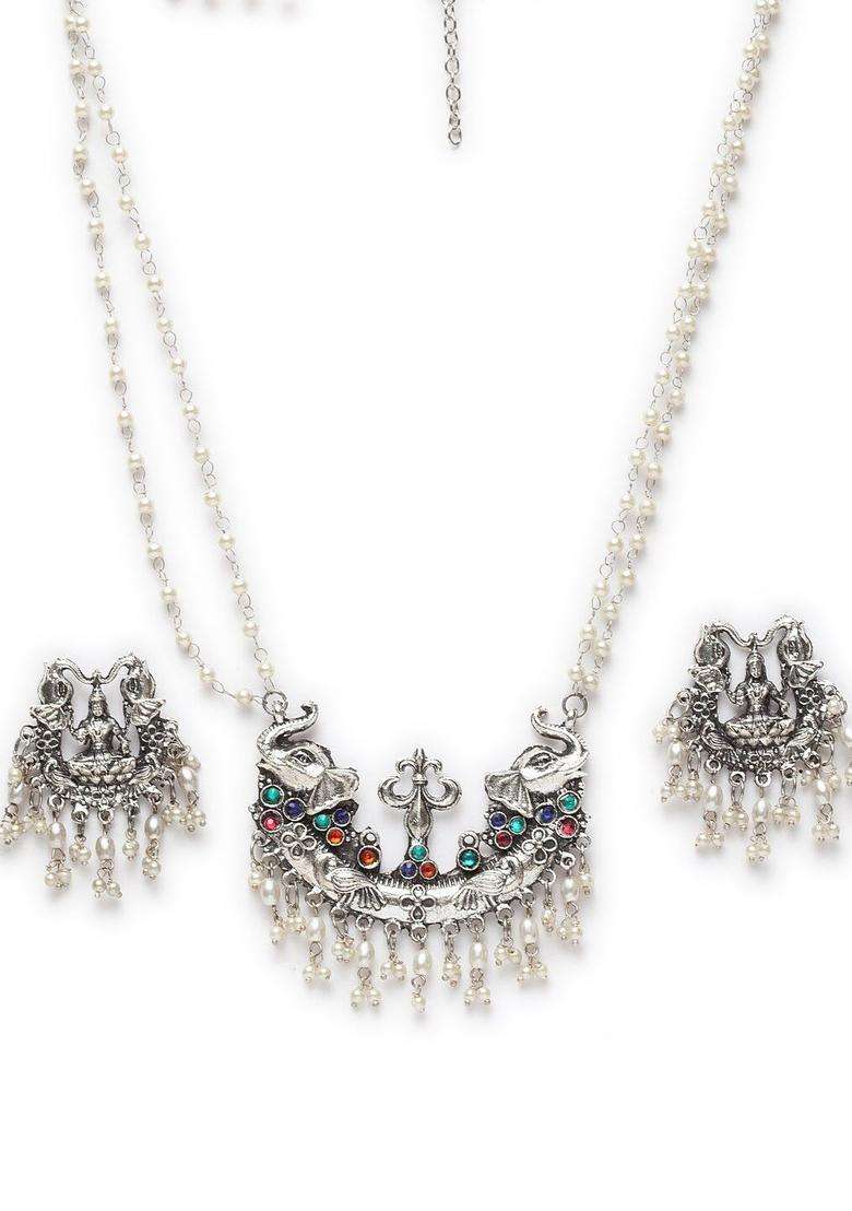 Silver-Plated Handcrafted Antique Temple Design Tasselled Necklace Set with Crystal for Women | Traditional Temple Jewellery for Wedding & Festive Wear | Gift for Her - Indya