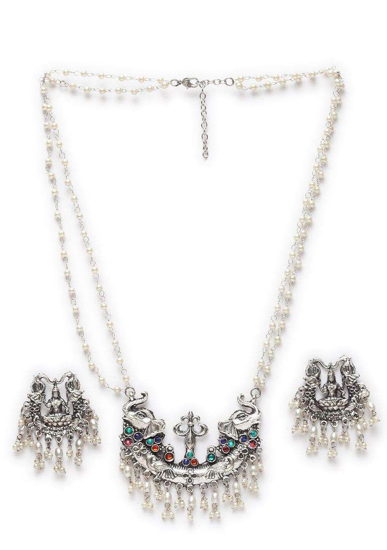 Silver-Plated Handcrafted Antique Temple Design Tasselled Necklace Set with Crystal for Women | Traditional Temple Jewellery for Wedding & Festive Wear | Gift for Her - Indya