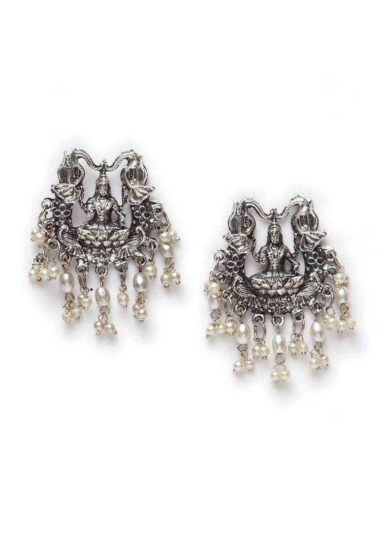 Silver-Plated Handcrafted Antique Temple Design Tasselled Necklace Set with Crystal for Women | Traditional Temple Jewellery for Wedding & Festive Wear | Gift for Her - Indya
