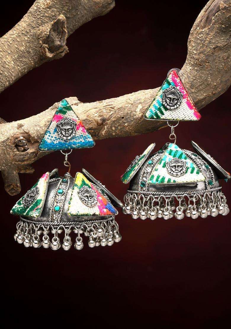 Silver-Plated Crystals Studded Dome Shaped Temple Oxidised Jhumkas for Women | Traditional Temple Jewellery for Wedding & Festive Wear | Gift for Her - Indya