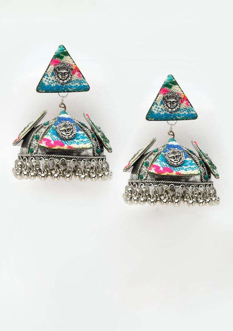 Silver-Plated Crystals Studded Dome Shaped Temple Oxidised Jhumkas for Women | Traditional Temple Jewellery for Wedding & Festive Wear | Gift for Her - Indya