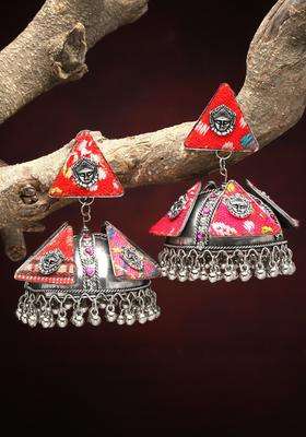 Silver-Plated Crystals Studded Dome Shaped Temple Oxidised Jhumkas for Women | Traditional Temple Jewellery for Wedding & Festive Wear | Gift for Her