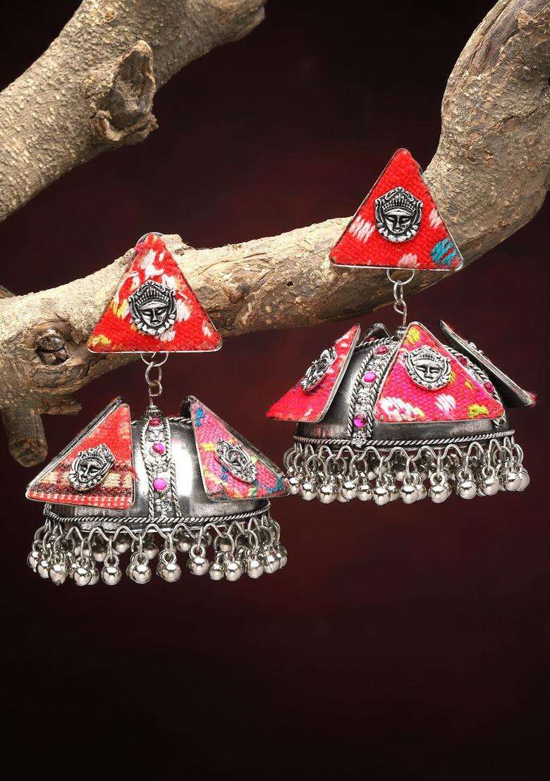 Silver-Plated Crystals Studded Dome Shaped Temple Oxidised Jhumkas for Women | Traditional Temple Jewellery for Wedding & Festive Wear | Gift for Her - Indya