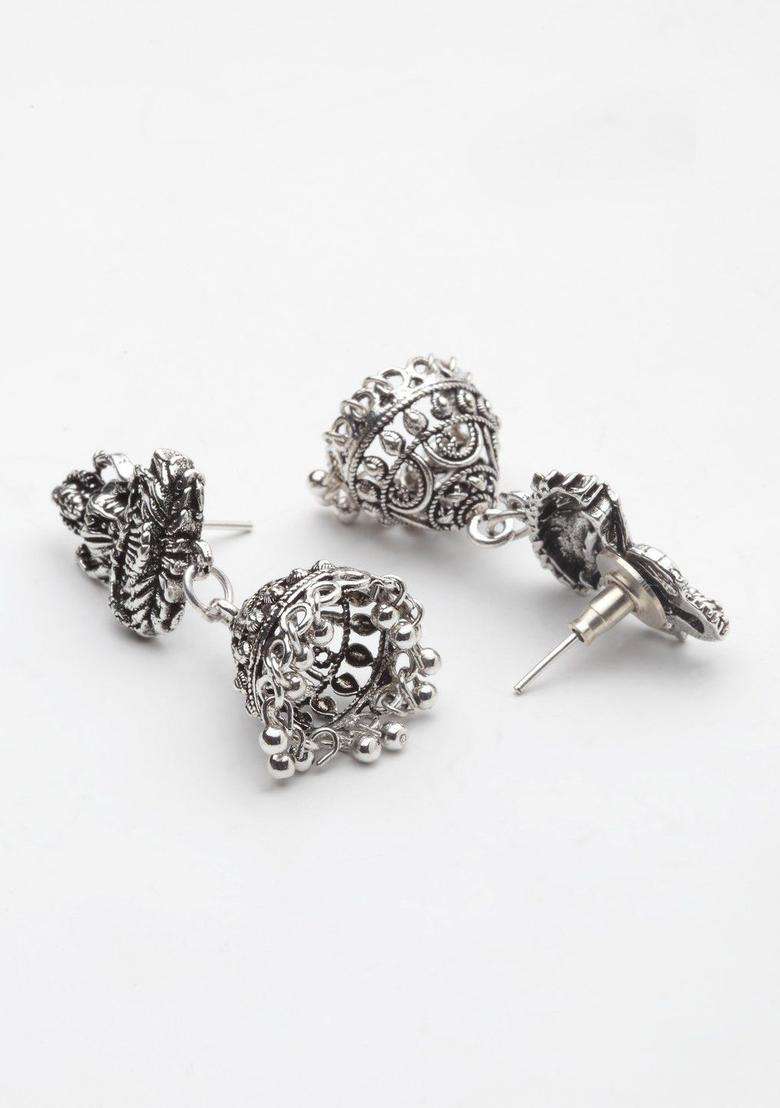 Silver-Toned Dome Shaped Jhumkas for Women | Traditional Temple Jewellery for Wedding & Festive Wear | Gift for Her - Indya