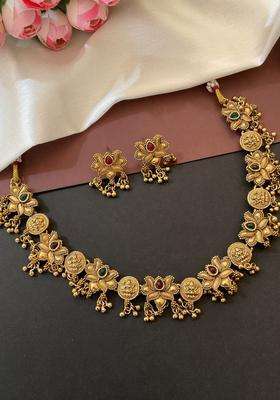 Gold-Plated Temple Stone-Studded Necklace and Earrings for Women | Traditional Temple Jewellery for Wedding & Festive Wear | Gift for Her