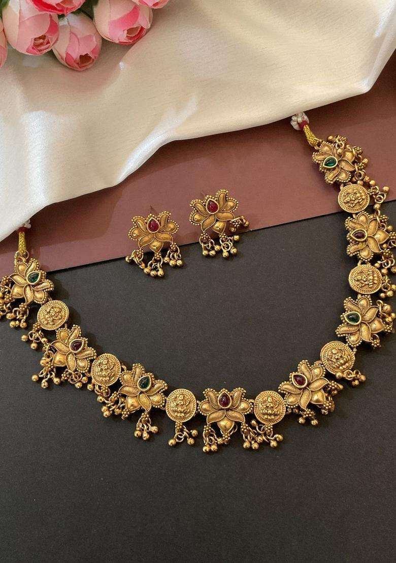 Gold-Plated Temple Stone-Studded Necklace and Earrings for Women | Traditional Temple Jewellery for Wedding & Festive Wear | Gift for Her - Indya