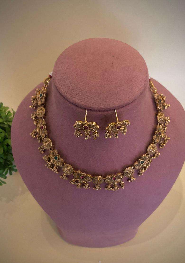 Gold-Plated Temple Stone-Studded Necklace and Earrings for Women | Traditional Temple Jewellery for Wedding & Festive Wear | Gift for Her - Indya