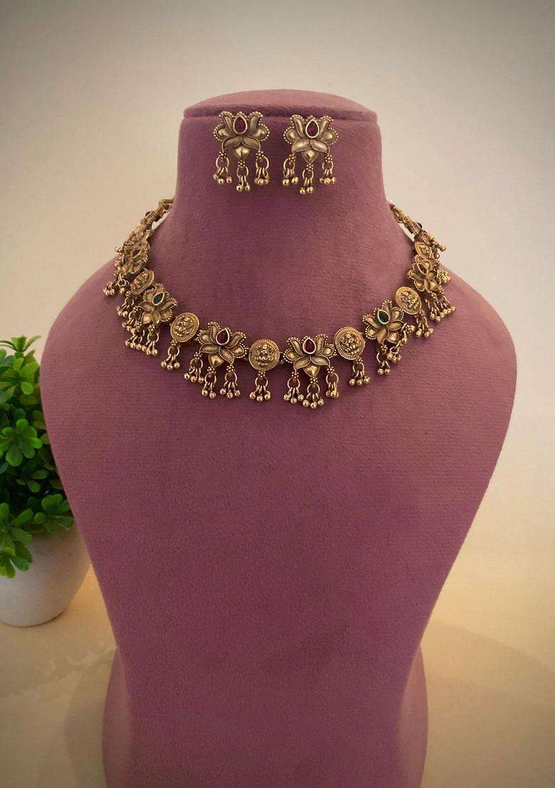 Gold-Plated Temple Stone-Studded Necklace and Earrings for Women | Traditional Temple Jewellery for Wedding & Festive Wear | Gift for Her - Indya