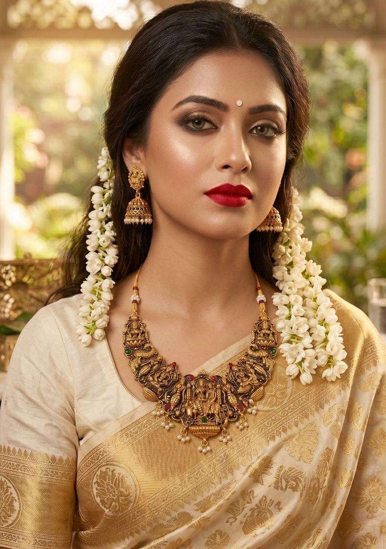 Gold-Plated Pearls Beaded Temple Necklace and Earrings for Women | Traditional Temple Jewellery for Wedding & Festive Wear | Gift for Her - Indya