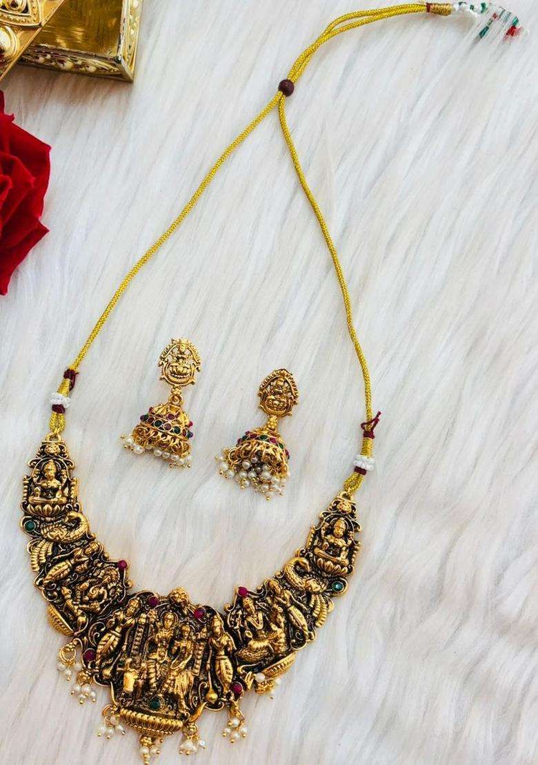 Gold-Plated Pearls Beaded Temple Necklace and Earrings for Women | Traditional Temple Jewellery for Wedding & Festive Wear | Gift for Her - Indya
