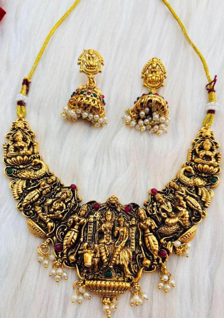 Gold-Plated Pearls Beaded Temple Necklace and Earrings for Women | Traditional Temple Jewellery for Wedding & Festive Wear | Gift for Her - Indya
