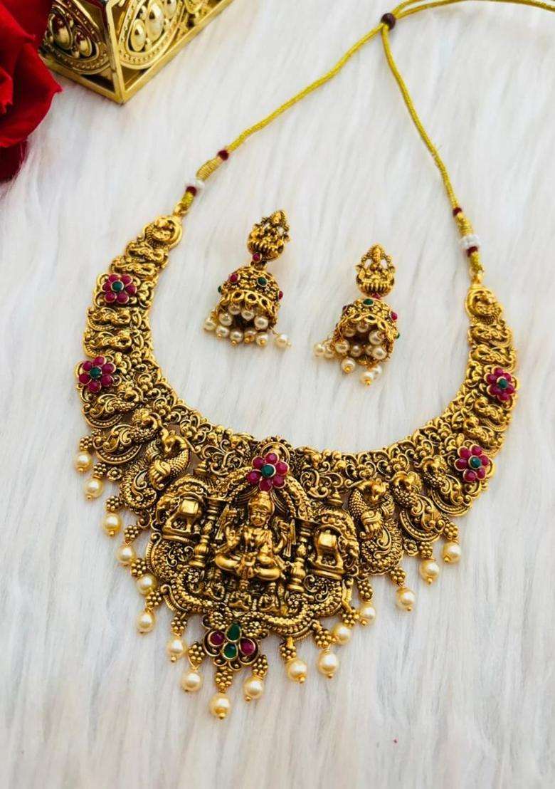 Gold-Plated Pearls Beaded Temple Necklace and Earrings for Women | Traditional Temple Jewellery for Wedding & Festive Wear | Gift for Her - Indya