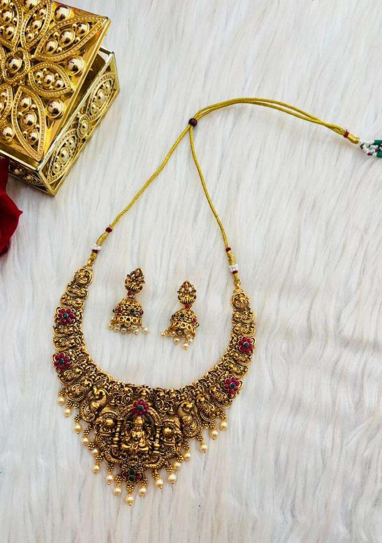 Gold-Plated Pearls Beaded Temple Necklace and Earrings for Women | Traditional Temple Jewellery for Wedding & Festive Wear | Gift for Her - Indya