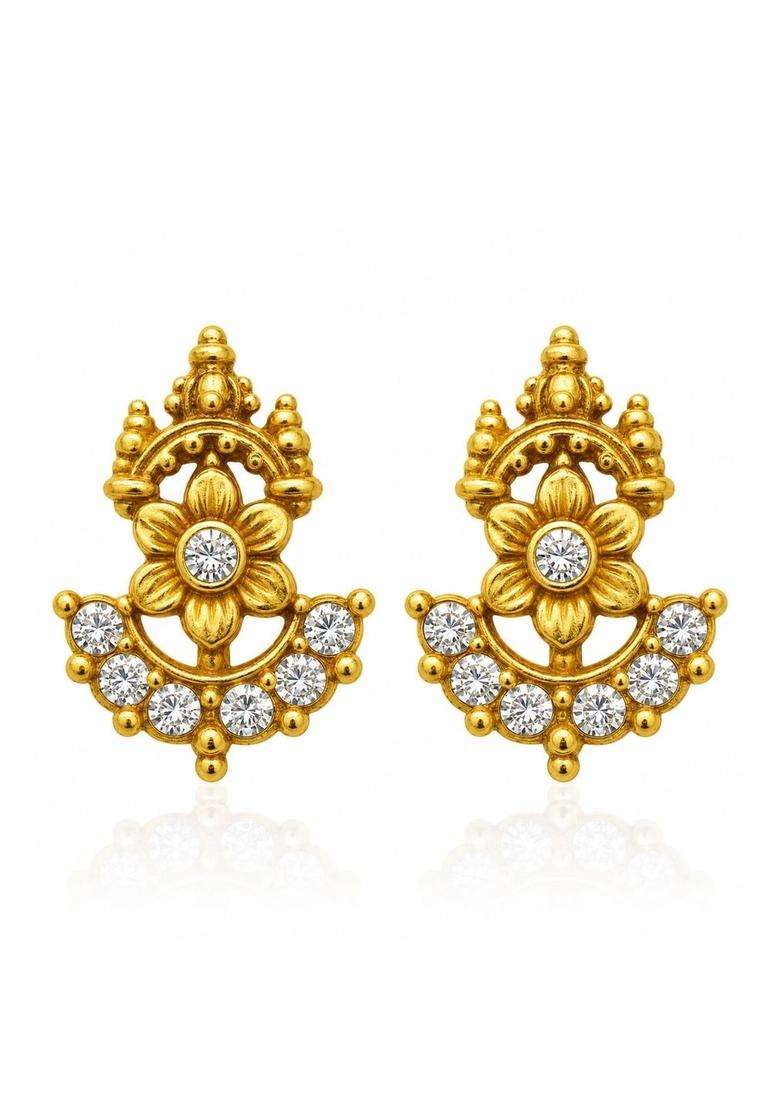 Gold-Plated Floral Studs Earrings with CZ Stone for Women | Traditional Temple Jewellery for Wedding & Festive Wear | Gift for Her - Indya