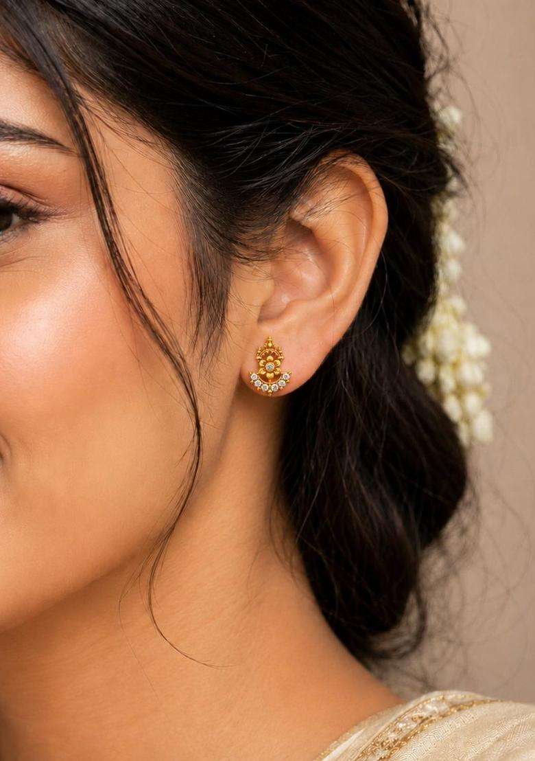 Gold-Plated Floral Studs Earrings with CZ Stone for Women | Traditional Temple Jewellery for Wedding & Festive Wear | Gift for Her - Indya