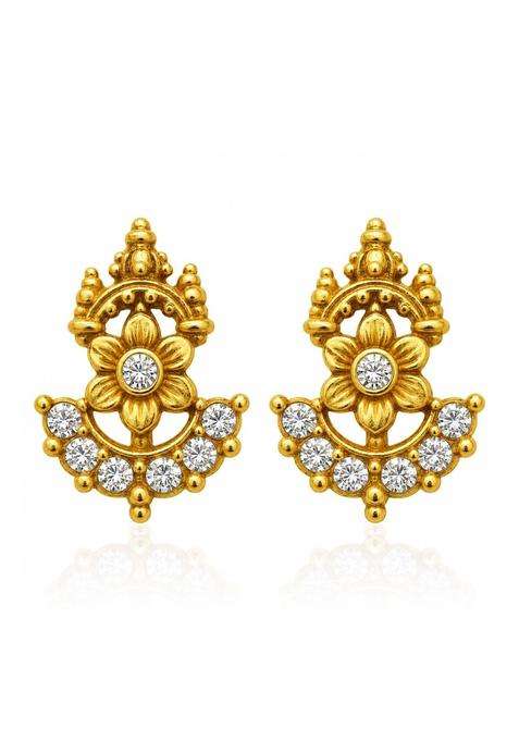 Gold-Plated Floral Studs Earrings with CZ Stone for Women | Traditional Temple Jewellery for Wedding & Festive Wear | Gift for Her