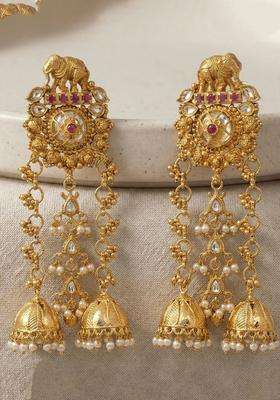 Gold-Plated Geometric Jhumkas Earrings with Kundan for Women | Traditional Temple Jewellery for Wedding & Festive Wear | Gift for Her