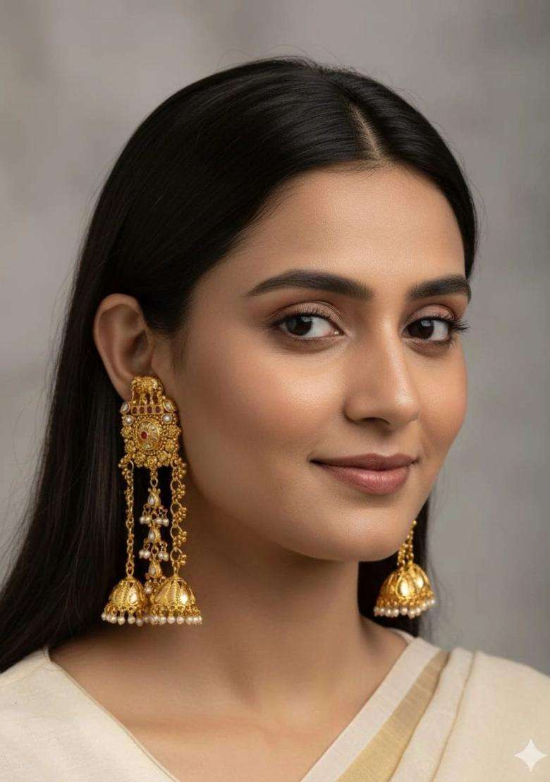 Gold-Plated Geometric Jhumkas Earrings with Kundan for Women | Traditional Temple Jewellery for Wedding & Festive Wear | Gift for Her - Indya